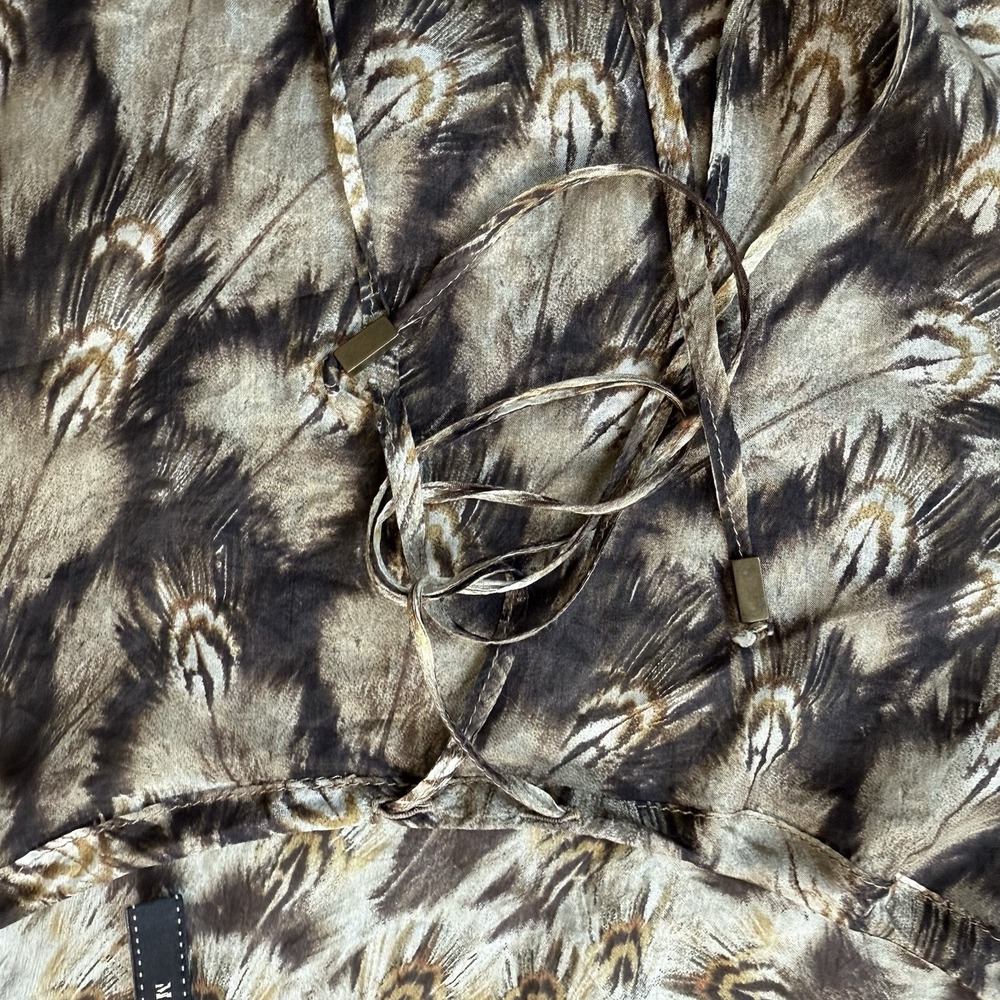 Mango MNG Suit Blouse Womens 8 Large Brown Silk Balloon Sleeve Peacock‎ Feather - Picture 13 of 15